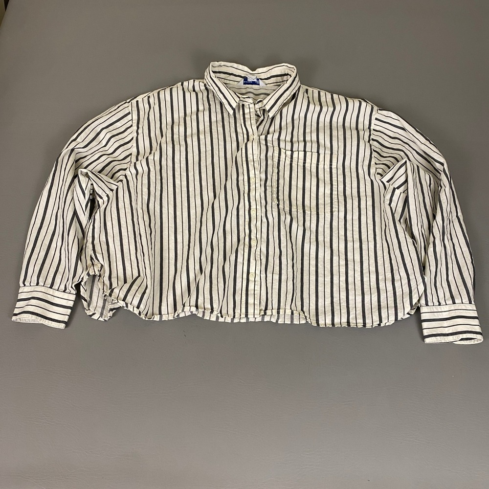 Old Navy The Cropped Shirt Women's Size 2X White Navy Blue Striped Button Down